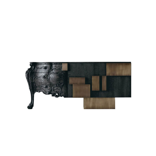 Baroque Carved Black Wood Sideboard Abstract Geometric Gold Metal Panel Buffet Cabinet
