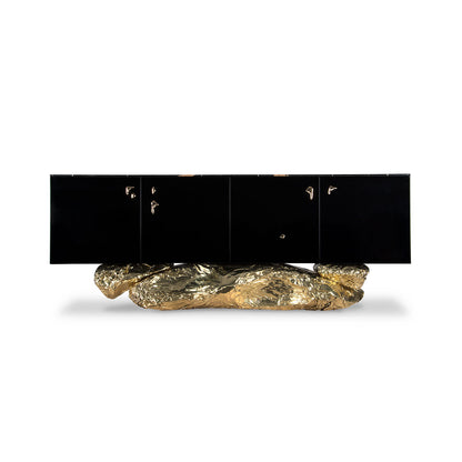 Gloss Black Sideboard with Crinkled Gold Rock Base Luxury 4-Door Storage Cabinet