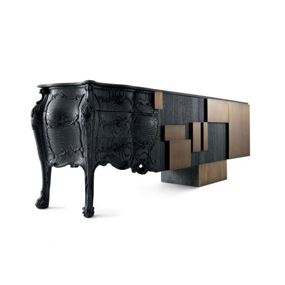 Baroque Carved Black Wood Sideboard Abstract Geometric Gold Metal Panel Buffet Cabinet