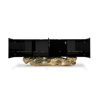 Gloss Black Sideboard with Crinkled Gold Rock Base Luxury 4-Door Storage Cabinet