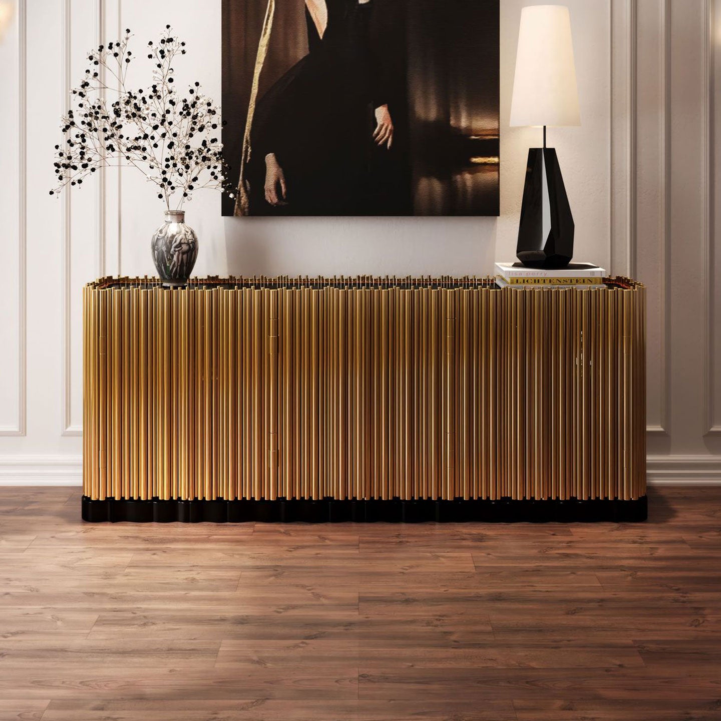 Gold-plated entryway cabinet, luxurious modern sideboard