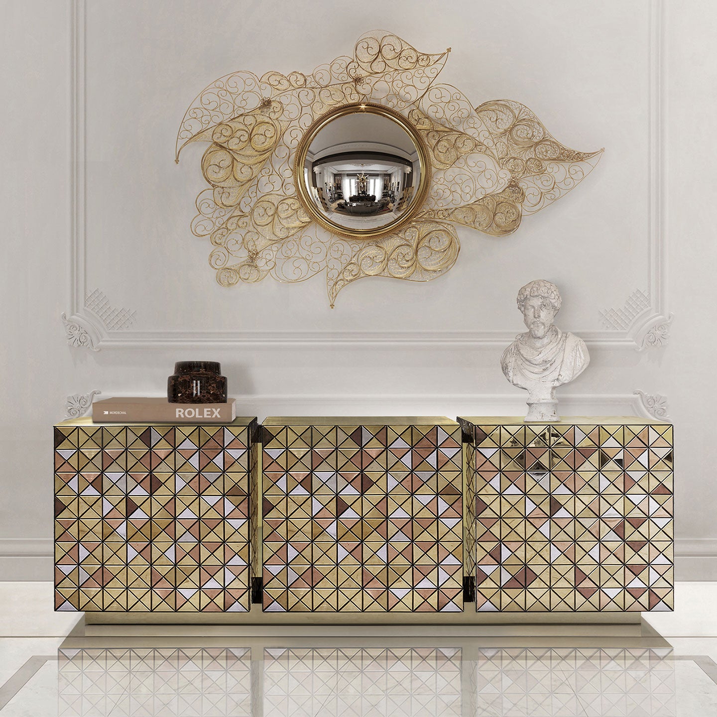 Gold Mirrored Geometric Triangular Sideboard Luxury 6-Door Storage Buffet Cabinet