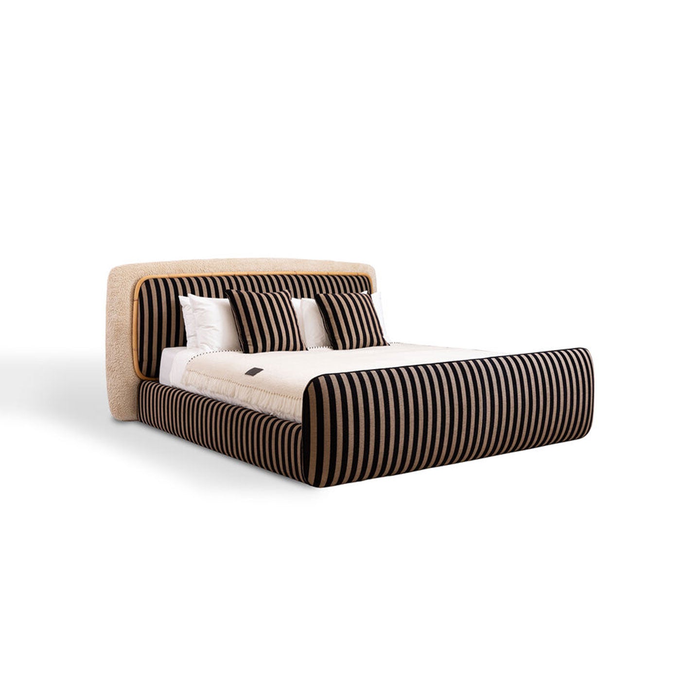 Modern Striped Fabric Upholstered Platform Bed, Teddy Fabric Accent Headboard Luxury Bed Frame